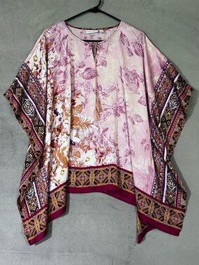Susan Graver Blush Pink Print Tassel Tie Poncho Top Womens M Kimono Sleeves